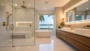 Luxury master bathroom renovation with waterfront view on Bayshore Boulevard South Tampa by CMK Construction