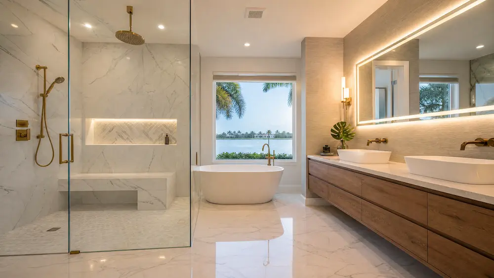 Luxury master bathroom renovation with waterfront view on Bayshore Boulevard South Tampa by CMK Construction
