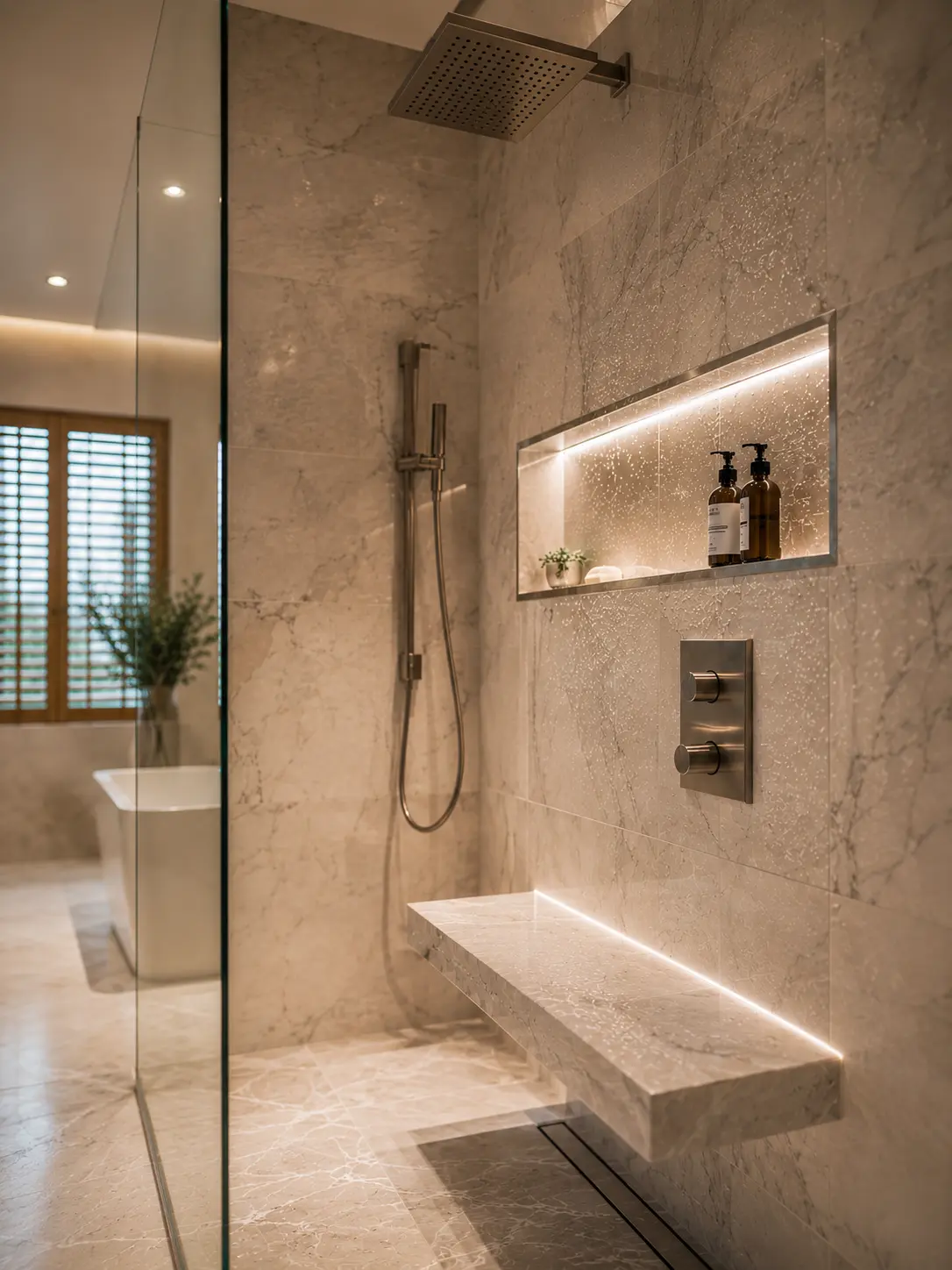 Custom tiled walk-in shower with frameless glass built by CMK Construction