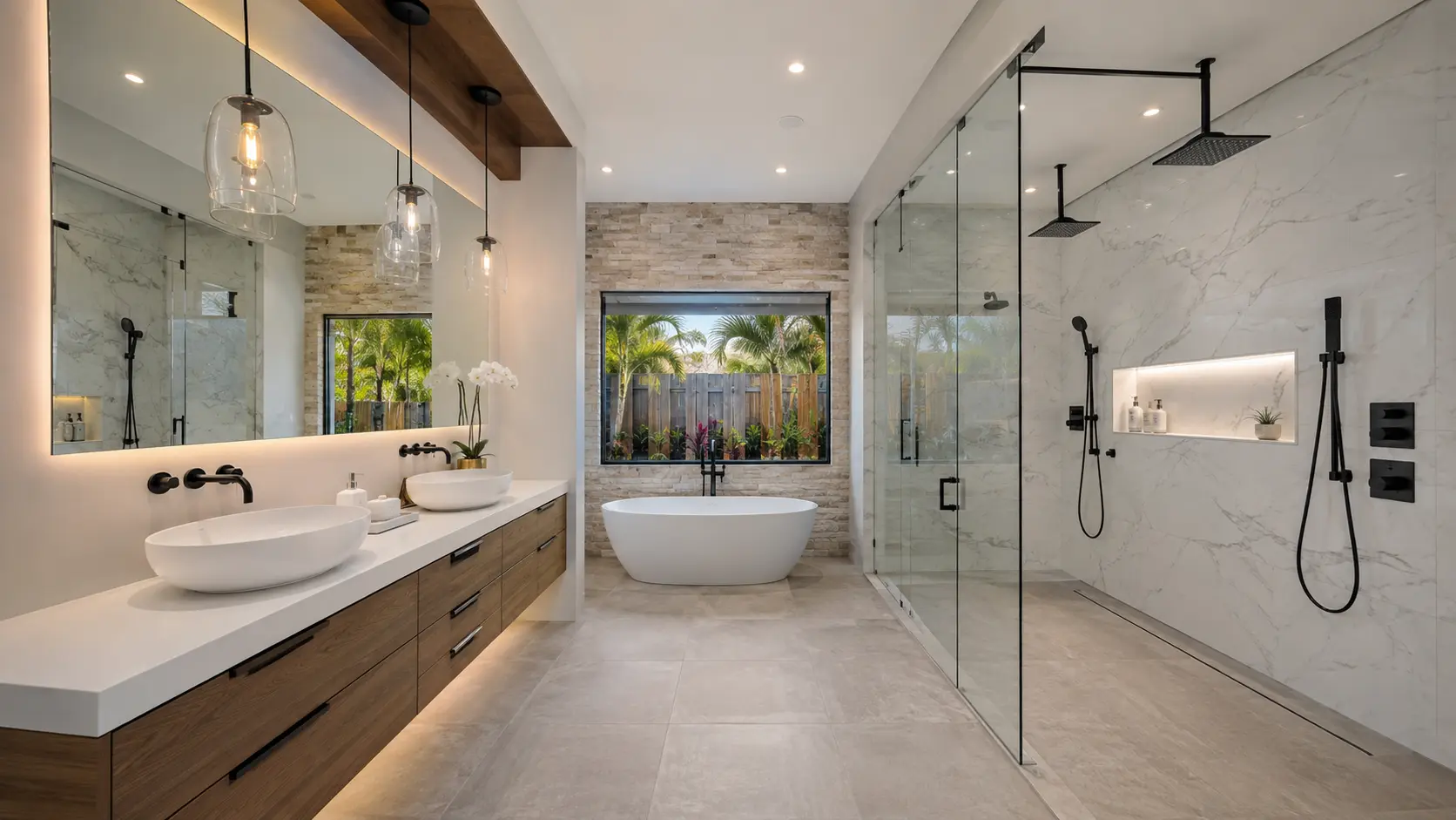 Bathroom remodel with a soaking tub and tile accent wall in Palm Harbor, FL