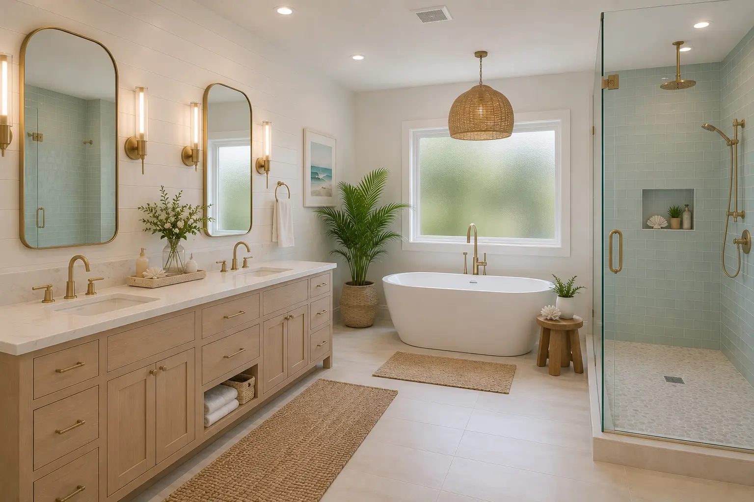 Bathroom remodel with a curbless shower and floating vanity in Siesta Key, FL