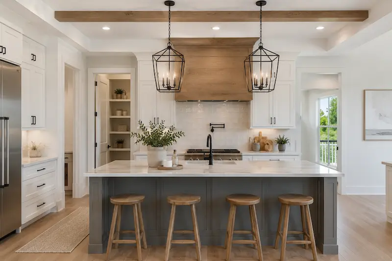 Farmhouse kitchen remodel with a butcher-block island and open shelving in St. Petersburg, FL