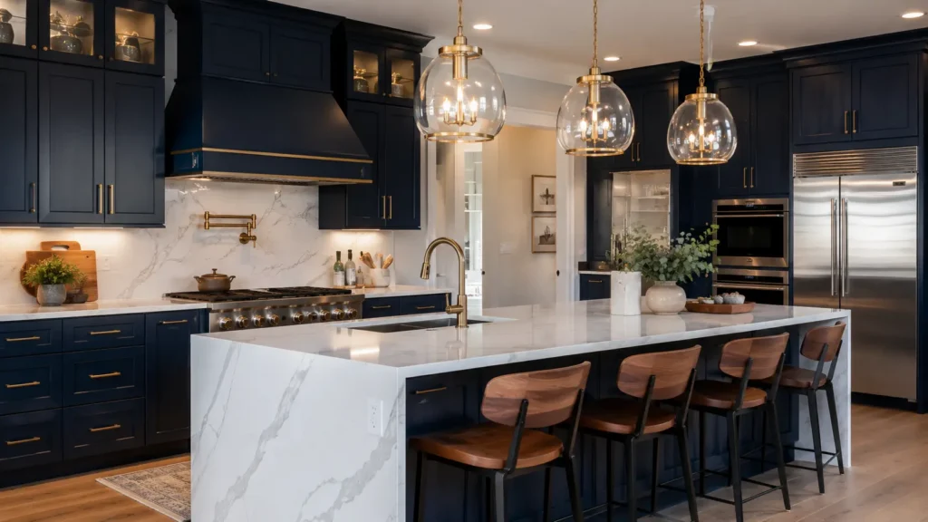 Kitchen remodel with navy blue cabinets and quartz countertops in Tampa, FL