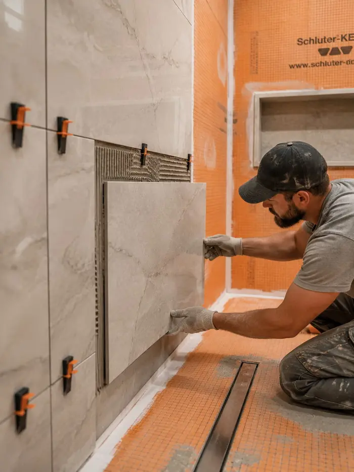 Custom bathroom tile and Schluter waterproofing installed by CMK Construction
