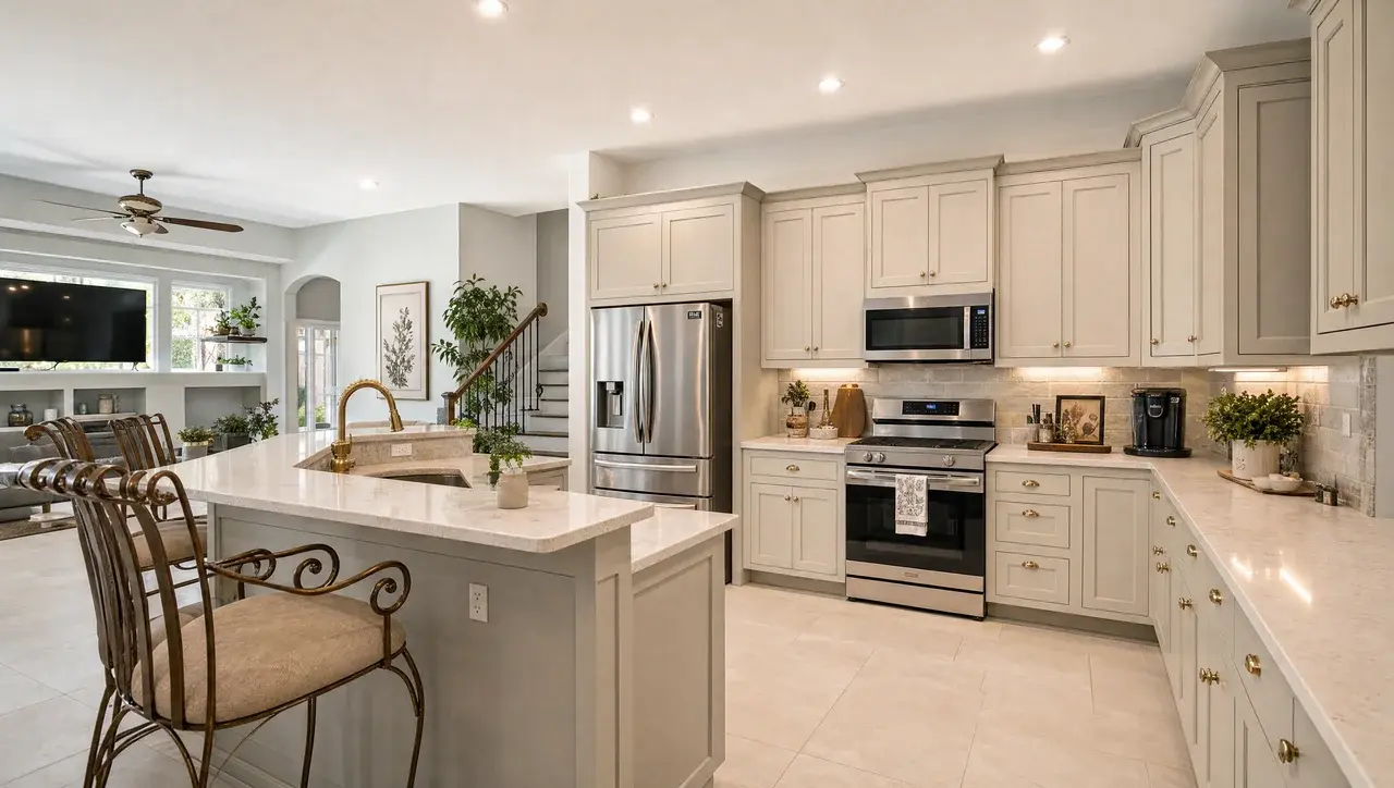 Kitchen remodel with white cabinets and a marble-look island in Westchase, FL