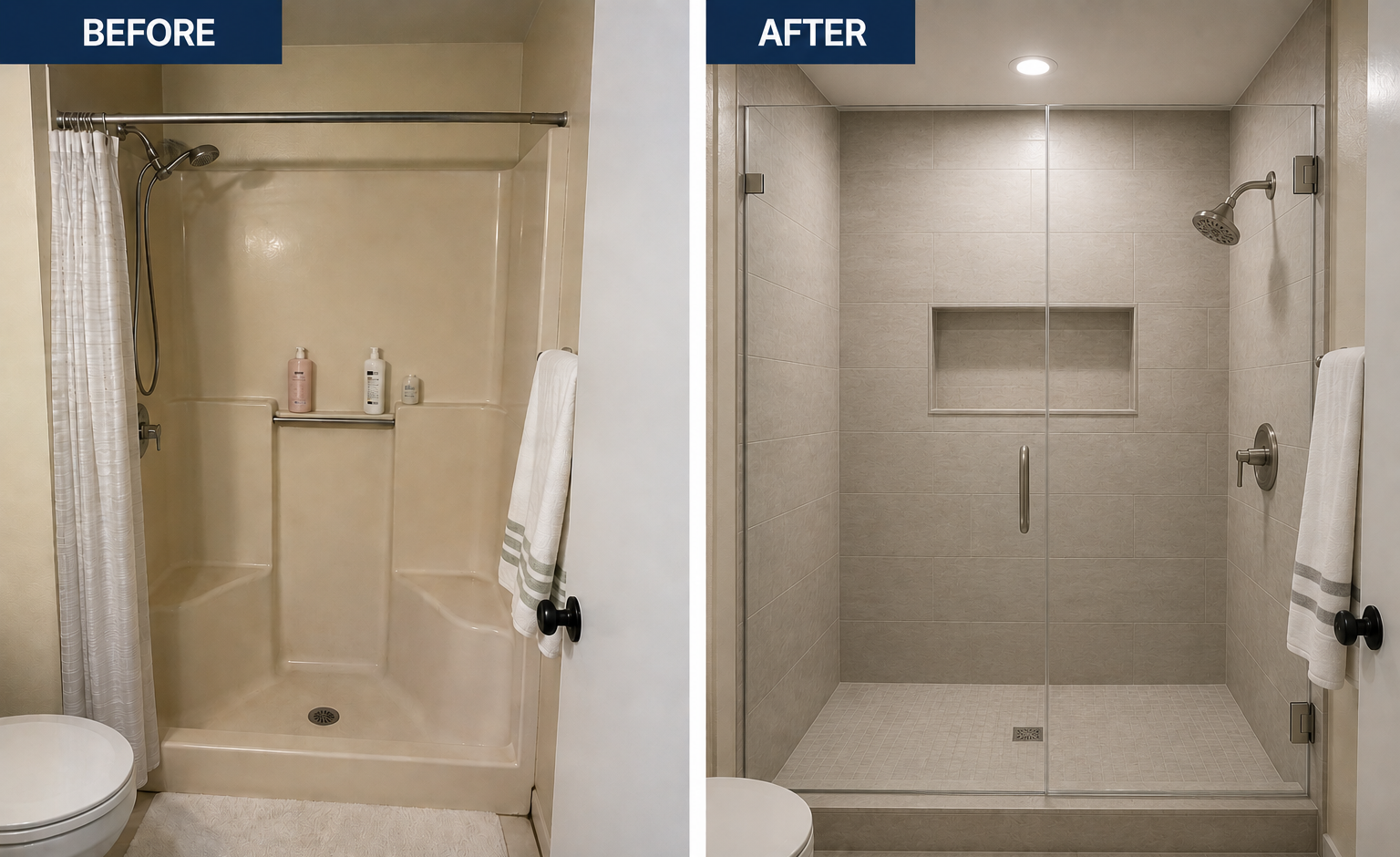 Before and after of a fiberglass shower in Carrollwood converted to a custom tiled walk in shower by CMK Construction
