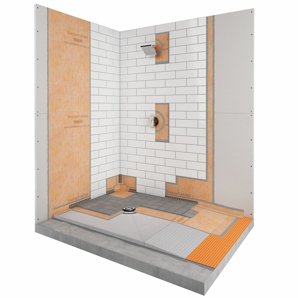 Cutaway of the Schluter shower waterproofing system with a sloped pan, waterproofing membrane, and bonded drain