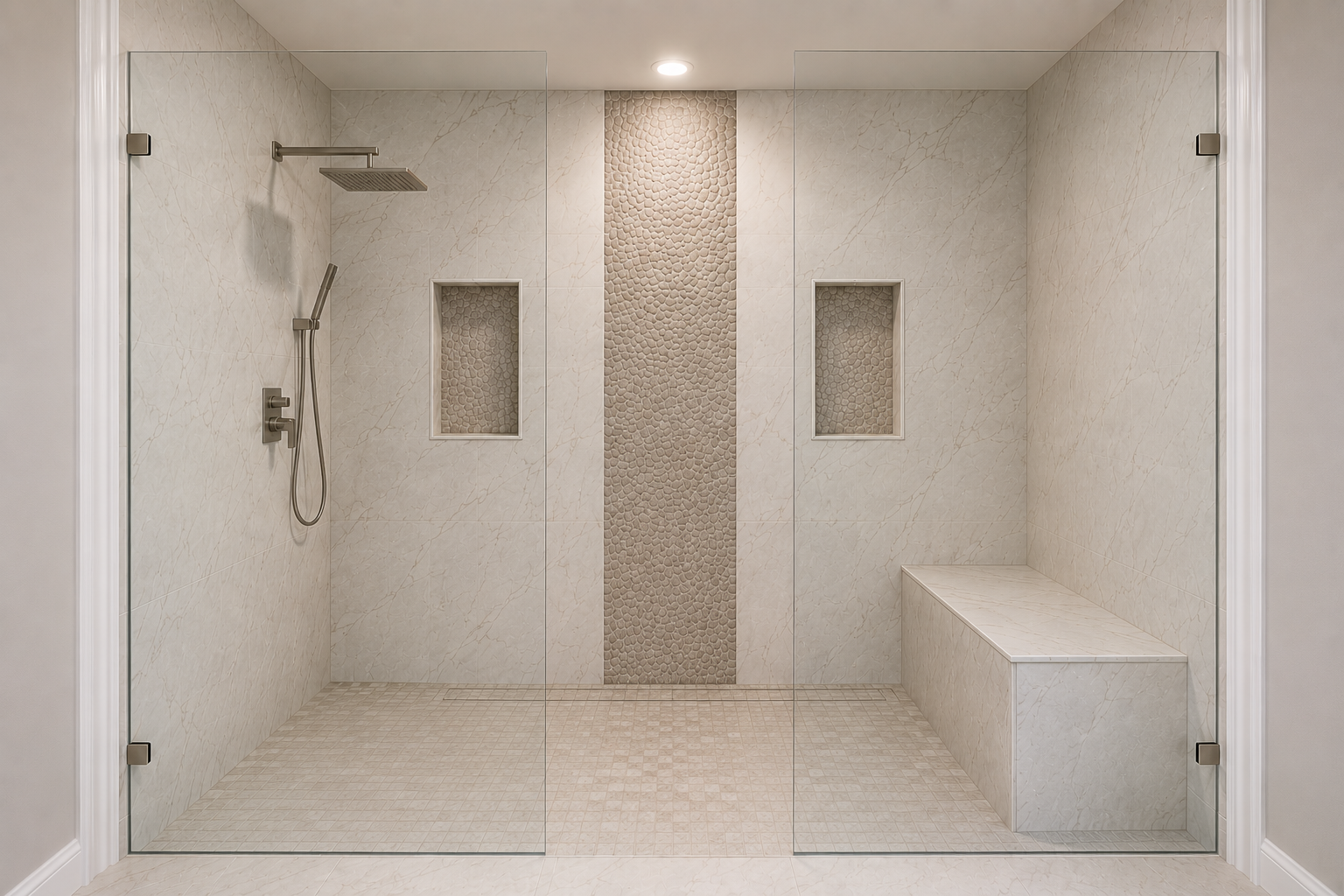 Finished South Tampa curbless walk in shower with a bench, dual niches, and frameless glass by CMK Construction