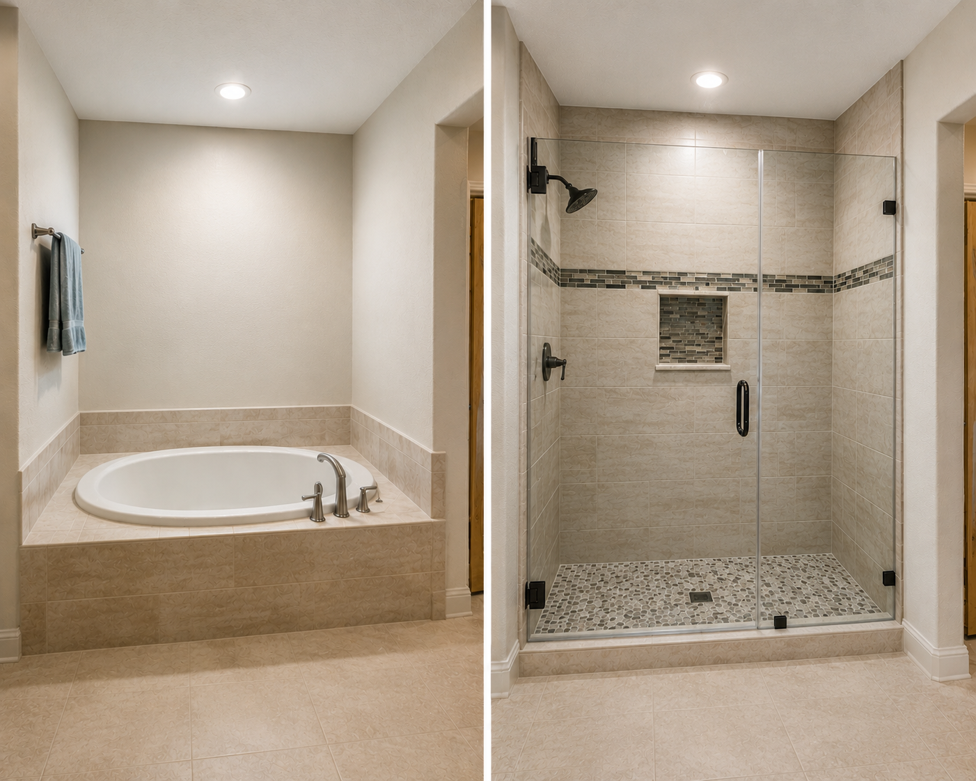 Before and after of a Wesley Chapel garden tub converted into a walk in shower with frameless glass by CMK Construction