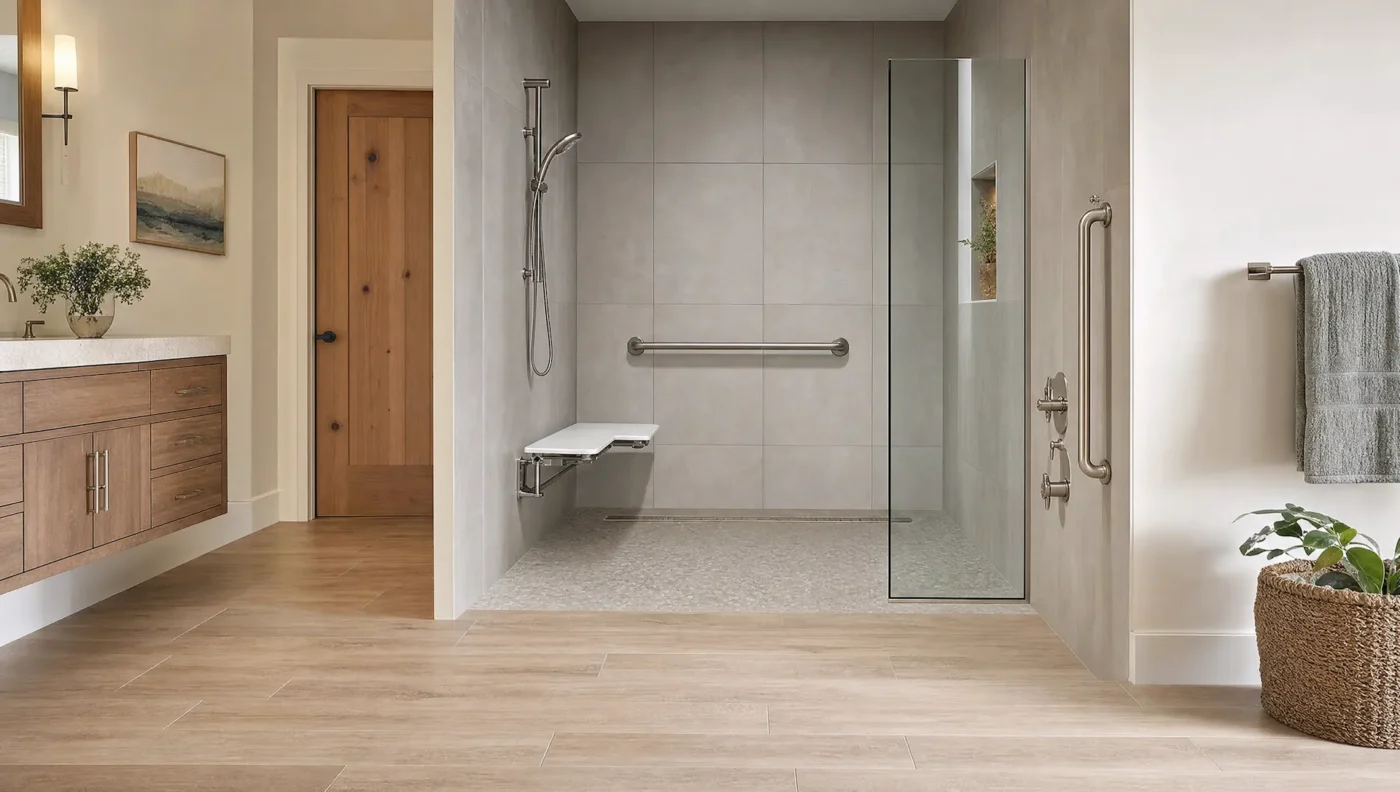 Roll-in shower with a completely flush entry, a fold-down seat, grab bars, and a handheld on a slide bar in a Tampa bathroom by CMK Construction