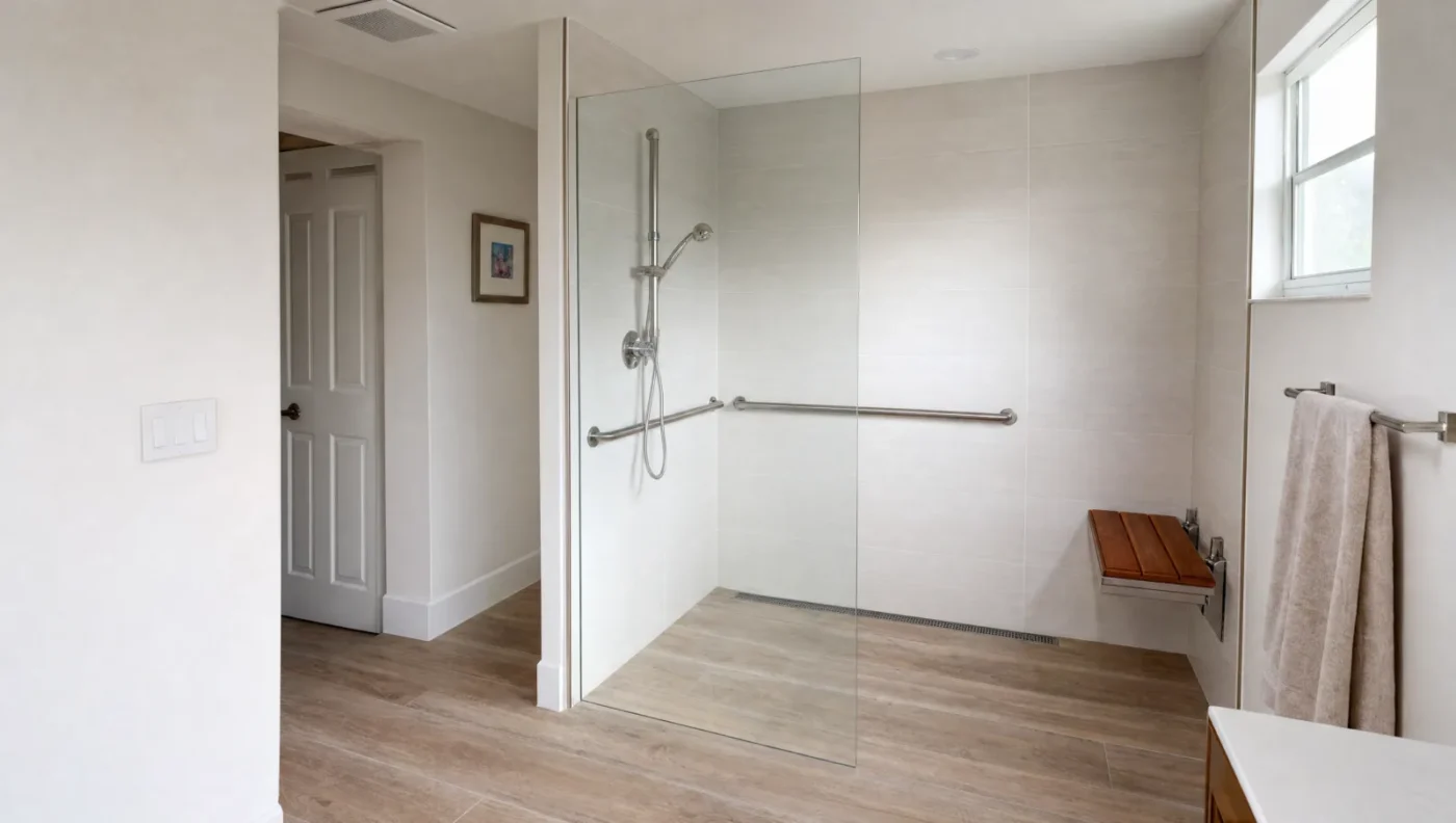 Curbless 60x36 roll-in shower with a linear drain, fold-down teak seat, grab bars, and a low handheld shower, sized to the ADA roll-in standard