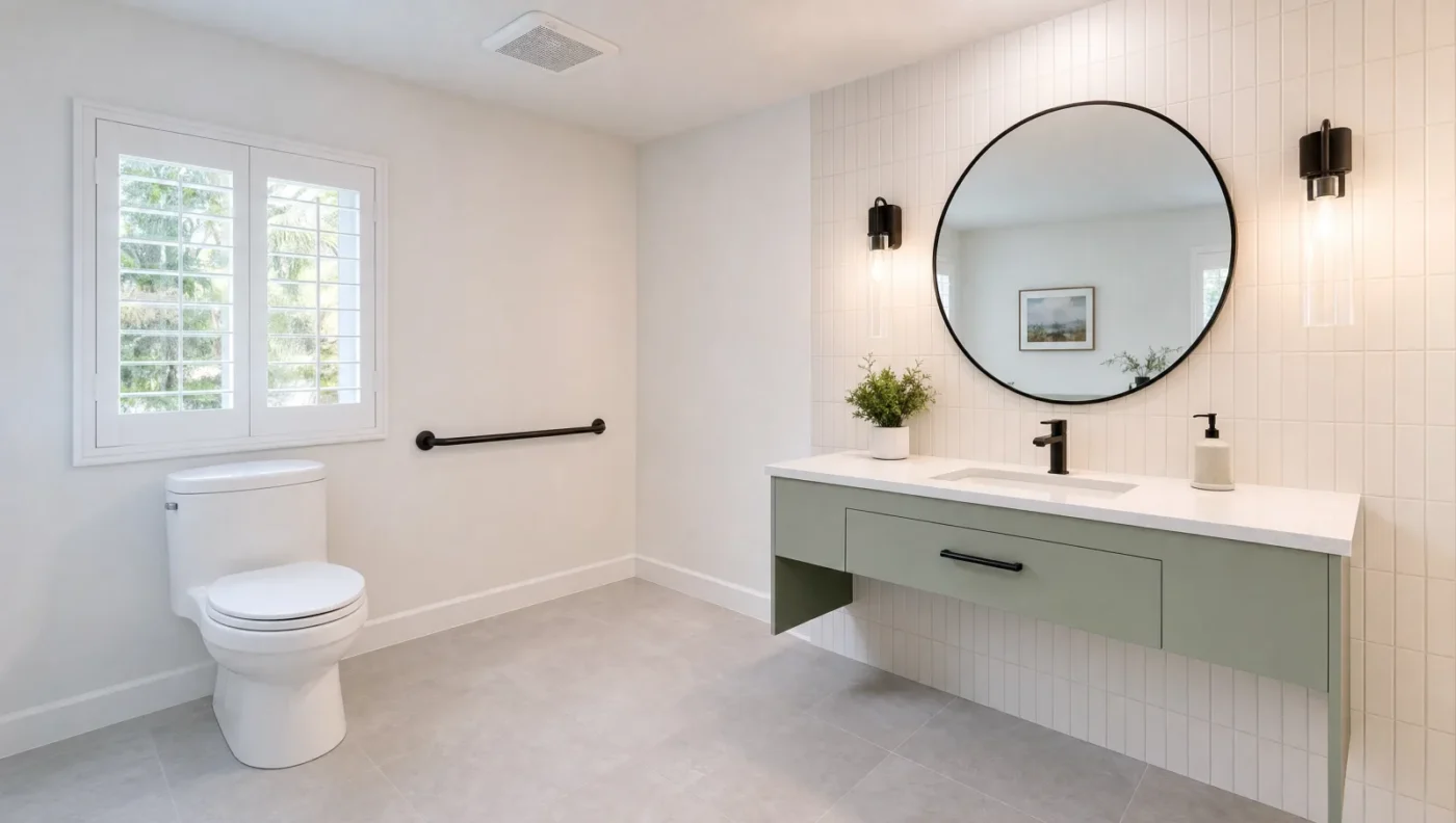 Guest bathroom remodeled for aging in place with a comfort-height toilet, clear floor space beside it, a matte black grab bar on the side wall, and a sage green floating vanity with open knee space