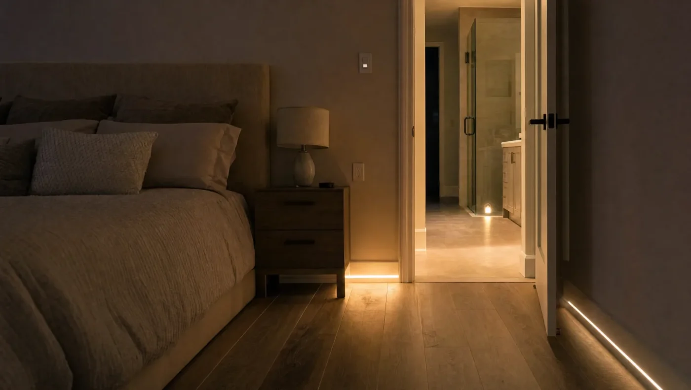 Primary bedroom at night with low LED path lighting along the baseboard leading to the en-suite bathroom, a motion night light inside the bathroom, a raised outlet by the nightstand, and a lever door handle