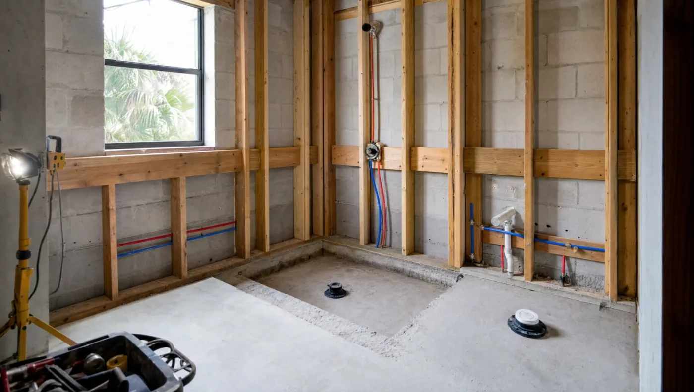 Bathroom mid-remodel in a Florida block home with open stud walls, horizontal wood blocking installed between the studs for future grab bars, new PEX supply lines, and the slab recessed for a curbless shower
