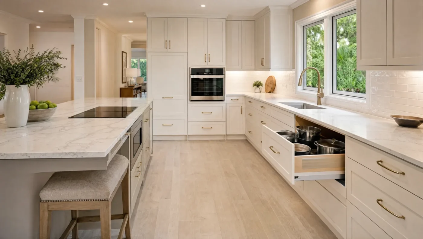 Aging in place kitchen with white shaker drawer base cabinets and brass pulls, a full-extension drawer open showing pots, a wall oven at waist height, a microwave drawer in the island, and under-cabinet lighting