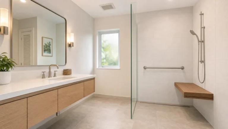 aging in place remodeling curbless shower teak bench grab bar