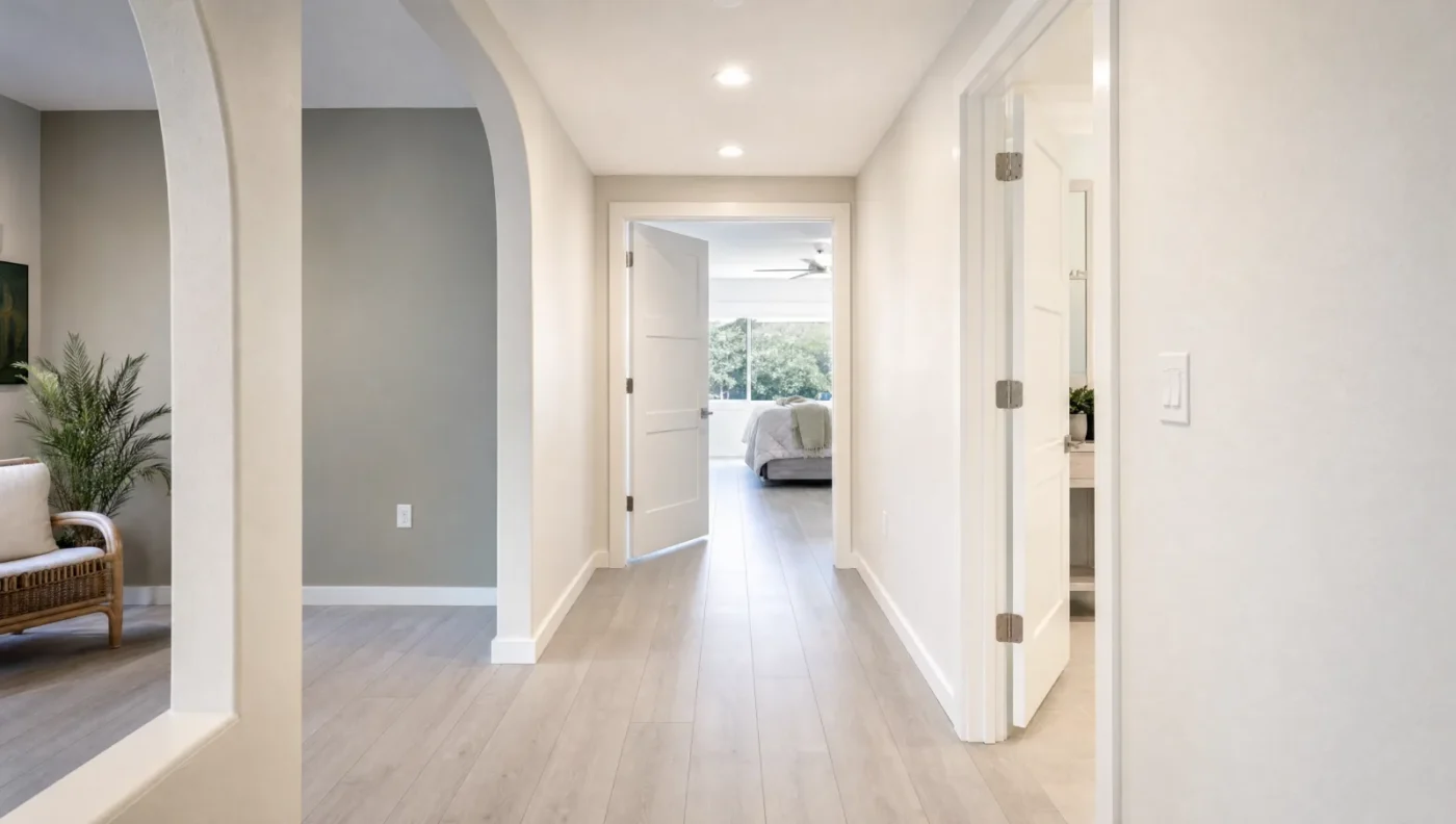 Wide hallway in a remodeled Florida home with level wood-look porcelain flooring running into every room without thresholds, an arched pass-through, and wide white doors with lever handles
