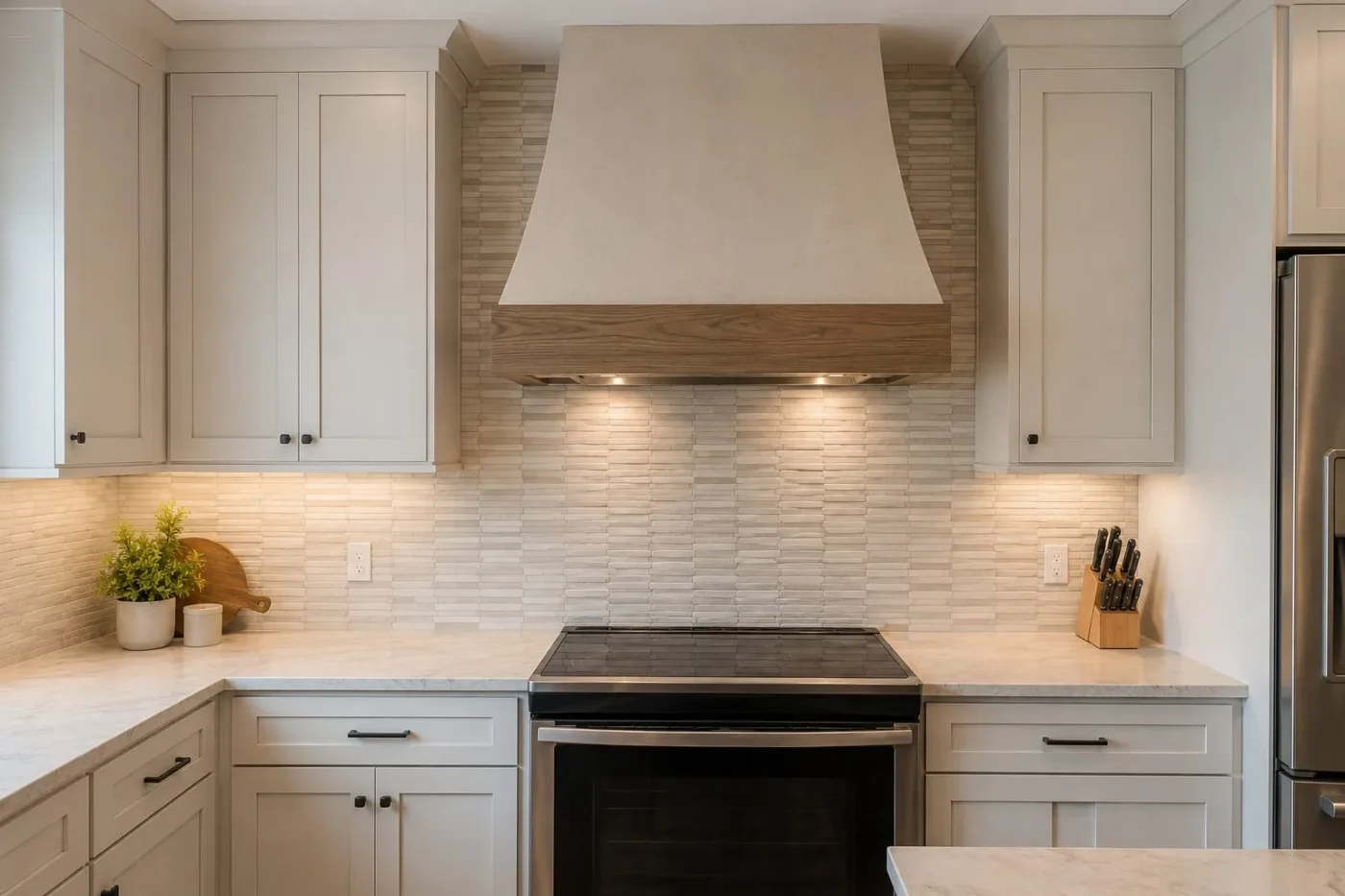 Textured linear stone mosaic backsplash framing a curved plaster range hood with white oak band in a Sarasota kitchen remodel by CMK Construction