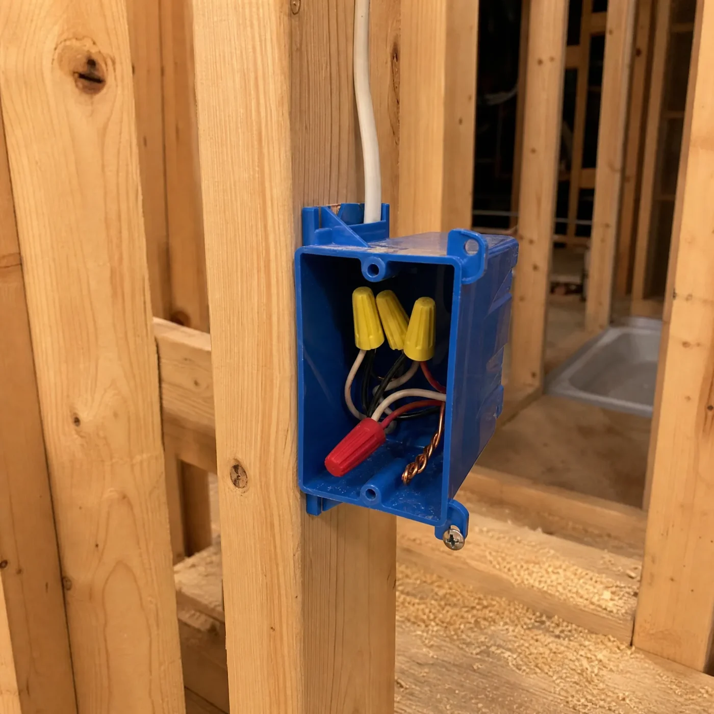 Blue electrical junction box with wire nuts mounted between wall studs for bathroom mirror installation during rough in in St Petersburg FL