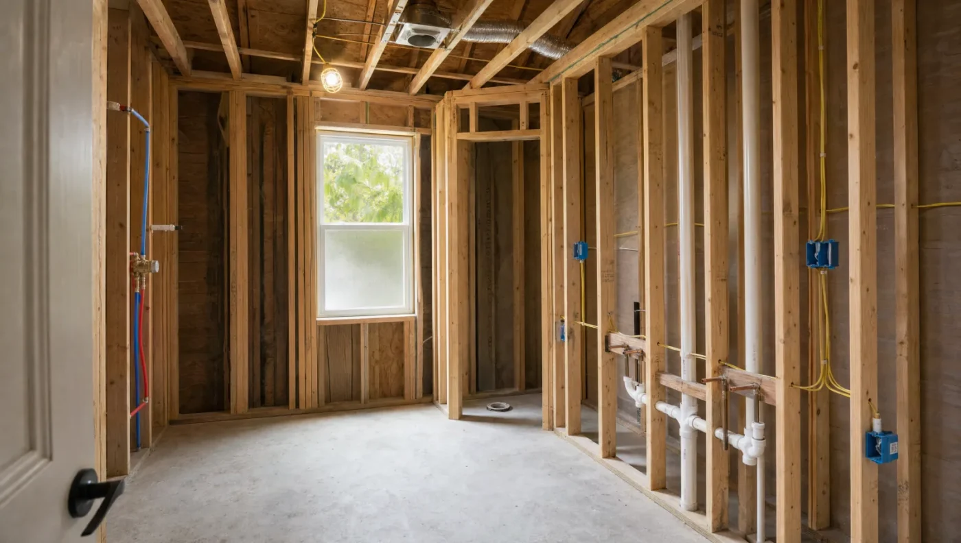 Florida bathroom remodel ready for rough inspection, with an exhaust fan and duct in the open ceiling, PVC drains and copper supplies on the vanity wall, and wiring run to blue boxes