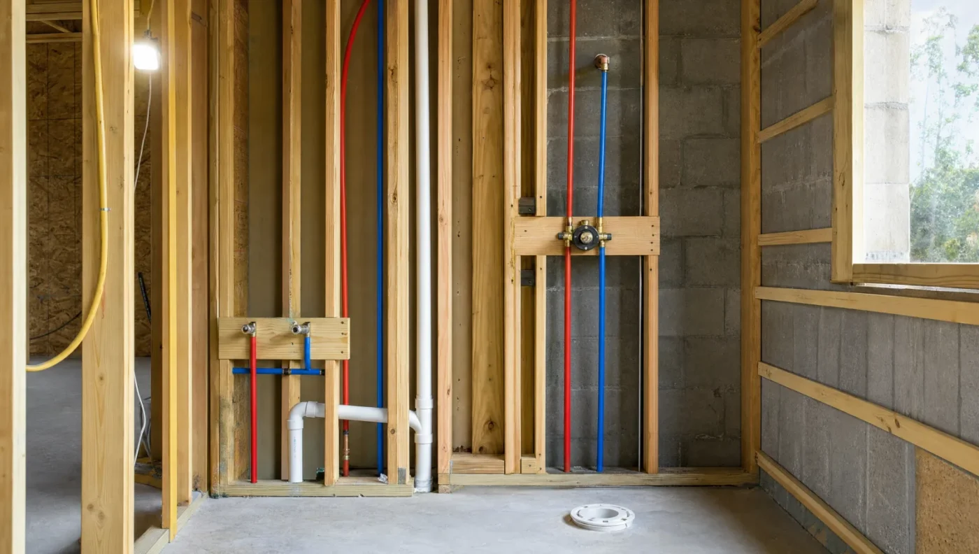 Bathroom plumbing rough-in before drywall with red and blue PEX supply lines, a PVC drain and vent stack, a shower valve on wood blocking and a toilet flange in the concrete slab