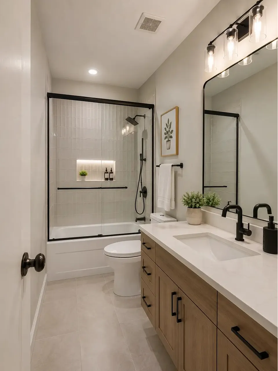 Carrollwood bathroom remodel with a tiled bathing area, wood vanity, black hardware, and integrated niche lighting.
