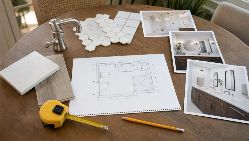 Bathroom remodel planning on a table with a measured floor plan sketch, tape measure, tile samples, quartz sample, and faucet