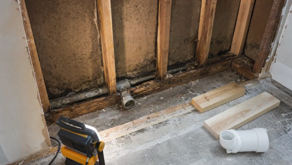 Bathtub alcove during demolition showing rotted framing and a corroded drain pipe next to new lumber and a PVC fitting