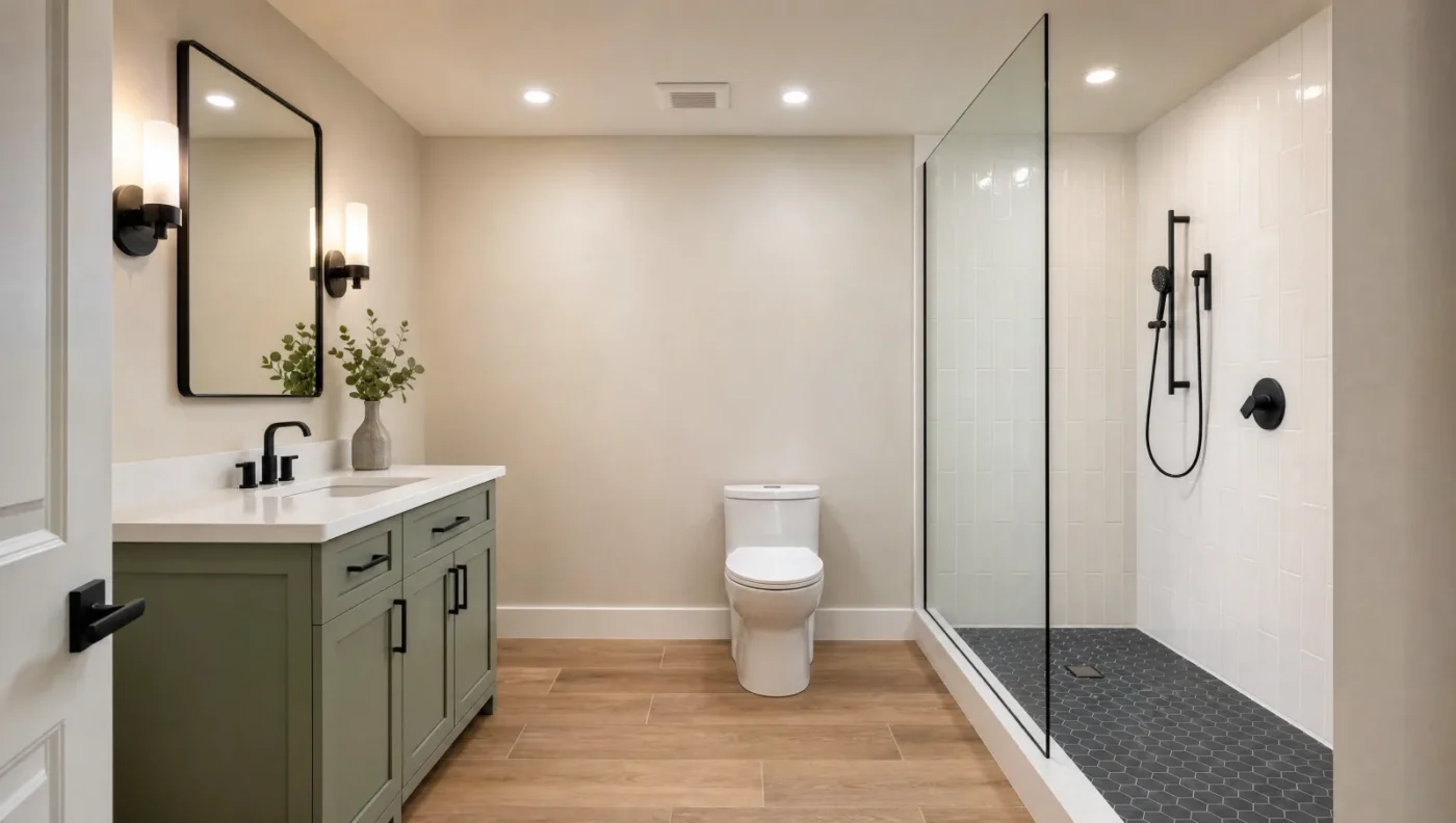 Remodeled Florida hall bathroom with a sage green shaker vanity, a comfort-height toilet with open floor space on both sides and a walk-in shower with a frameless glass panel