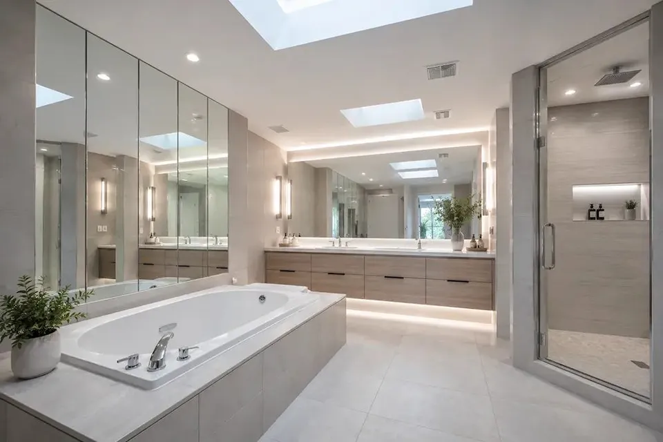 Tampa bathroom remodel in Seminole Heights with a freestanding tub, tiled shower, mirrored vanity wall, and light tile finishes.
