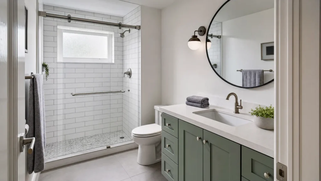 Tub-to-shower conversion in a renovated Tampa Bay guest bathroom with subway tile, sage green vanity, and sliding glass door
