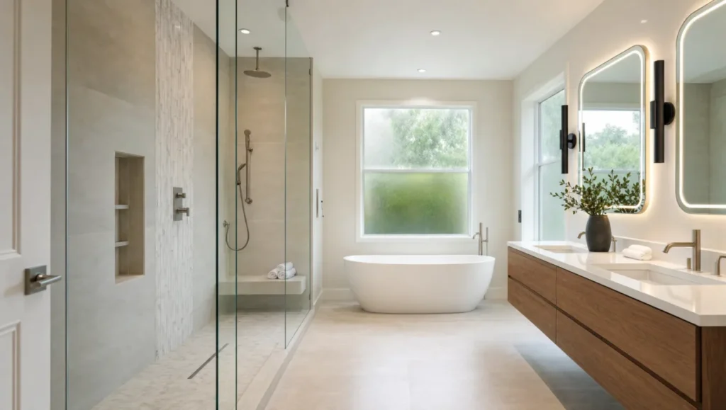 Renovated Tampa Bay primary bathroom with curbless walk-in shower, freestanding tub, and floating double vanity