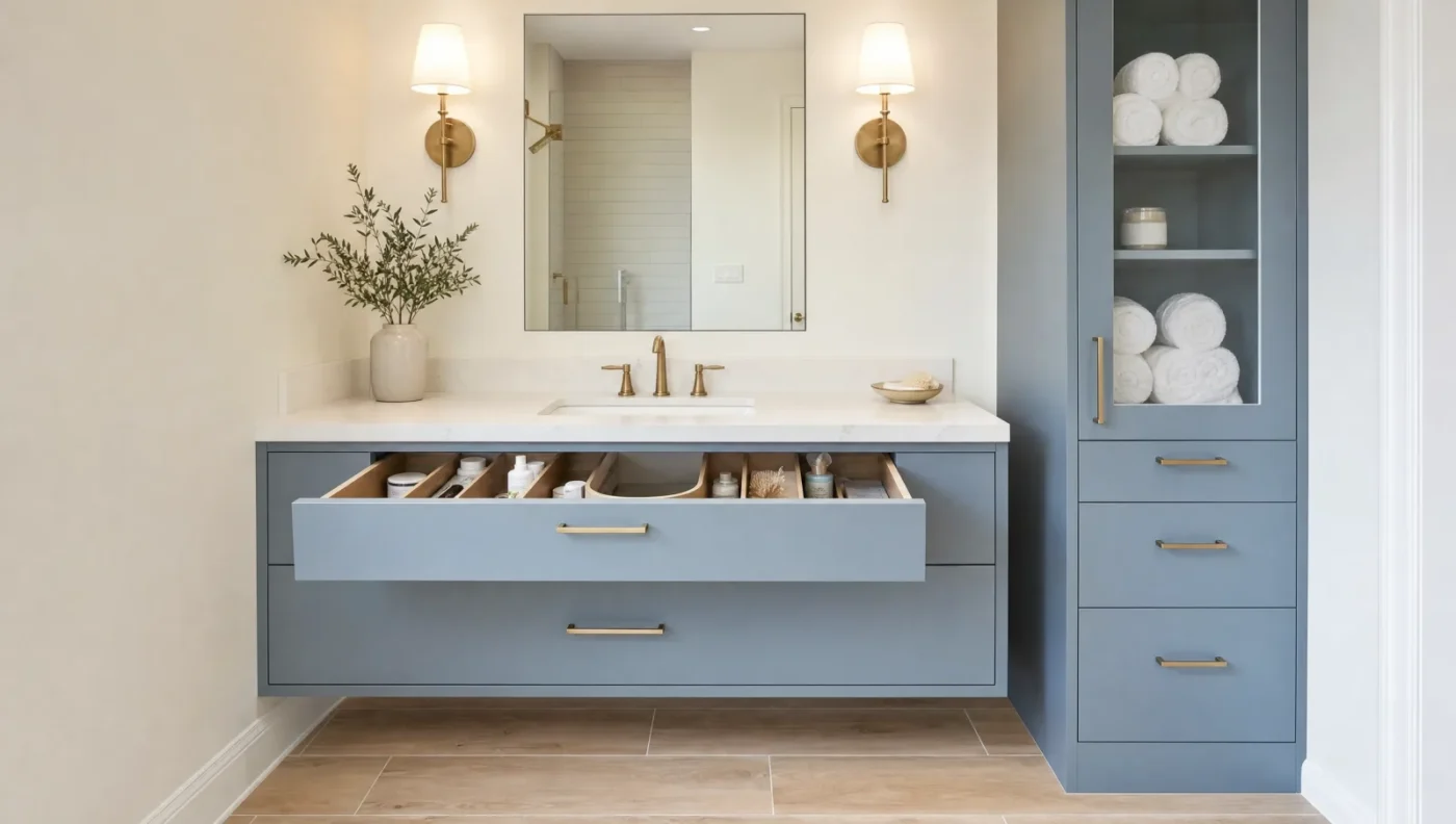 Floating blue-gray vanity with a U-shaped drawer around the sink plumbing, a recessed mirrored medicine cabinet and a tall linen cabinet