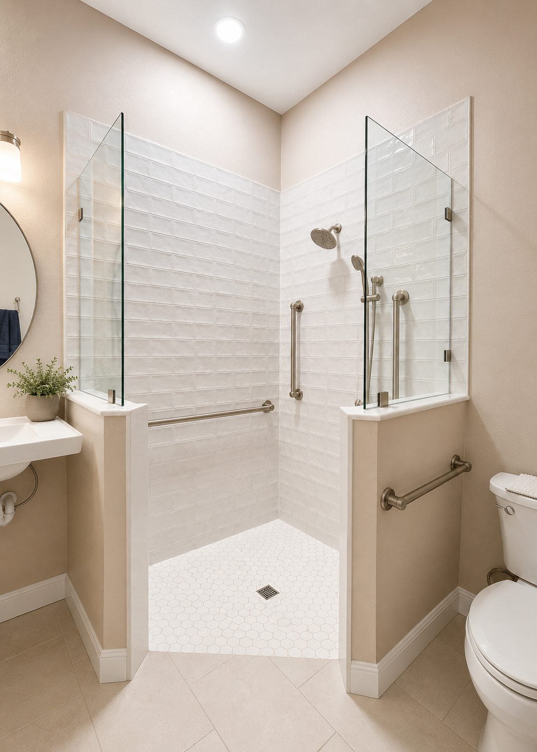 Curbless accessible shower with glossy handmade look white subway tile, grab bars, and hexagon mosaic floor in an Odessa bathroom remodel