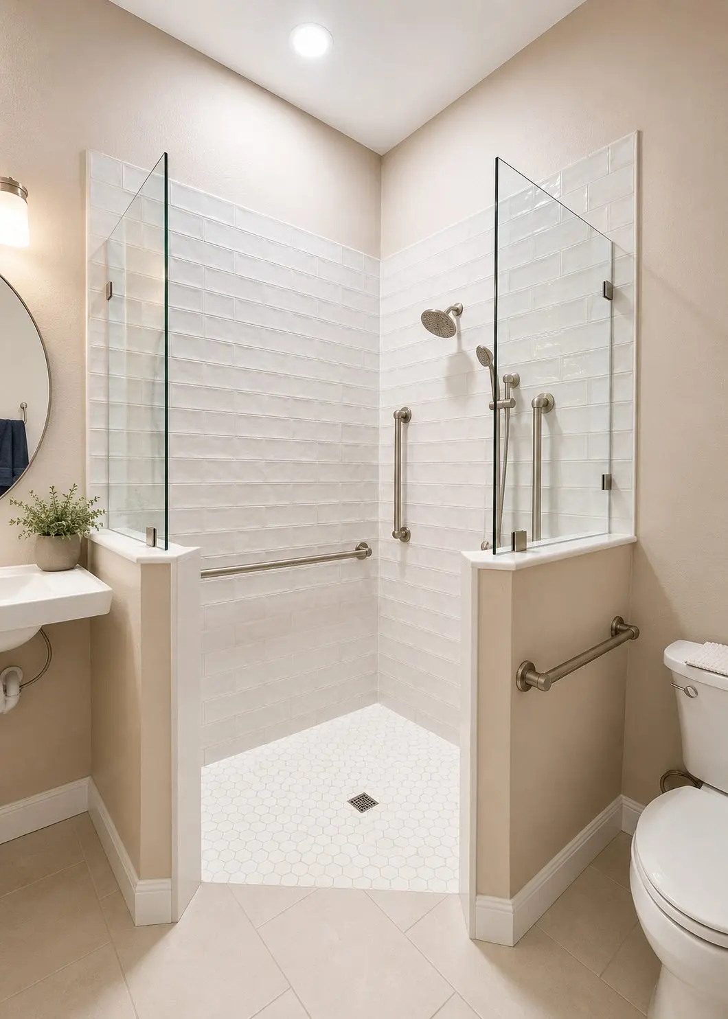 Curbless accessible shower with glossy handmade look white subway tile, grab bars, and hexagon mosaic floor in an Odessa bathroom remodel