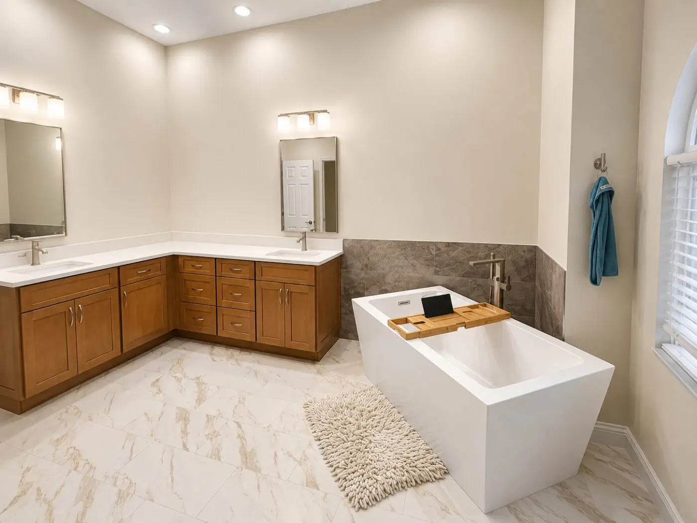 Master bathroom with gold veined marble look floor tile, dark stone look accent band behind a freestanding tub, and wood vanities in a Siesta Key remodel