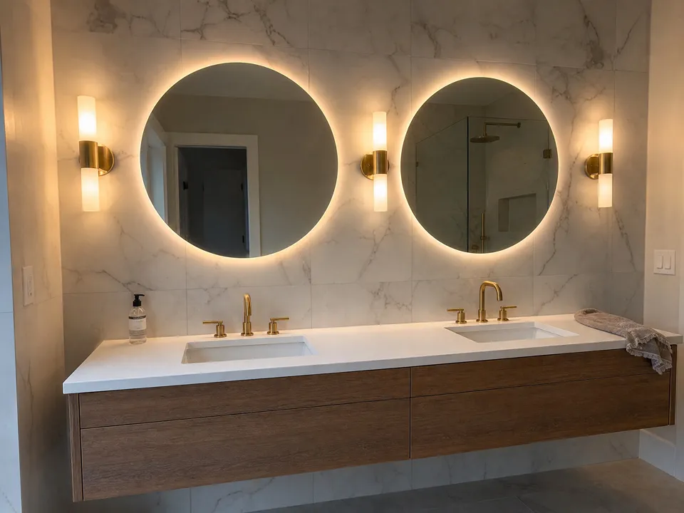 Bathroom vanity lighting idea with champagne bronze sconces and backlit LED mirrors on a double vanity, a popular look for Tampa remodels