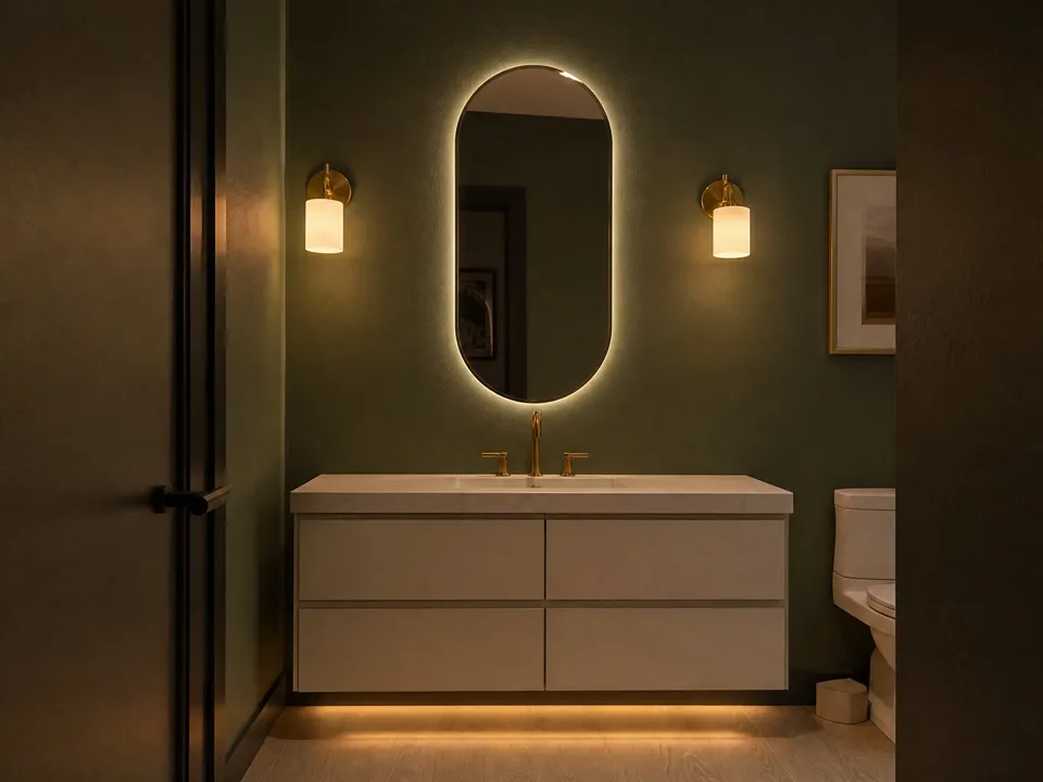 Night lighting idea with warm brass sconces and a dimmed oblong LED mirror, an evening scene for Bradenton guest bathrooms
