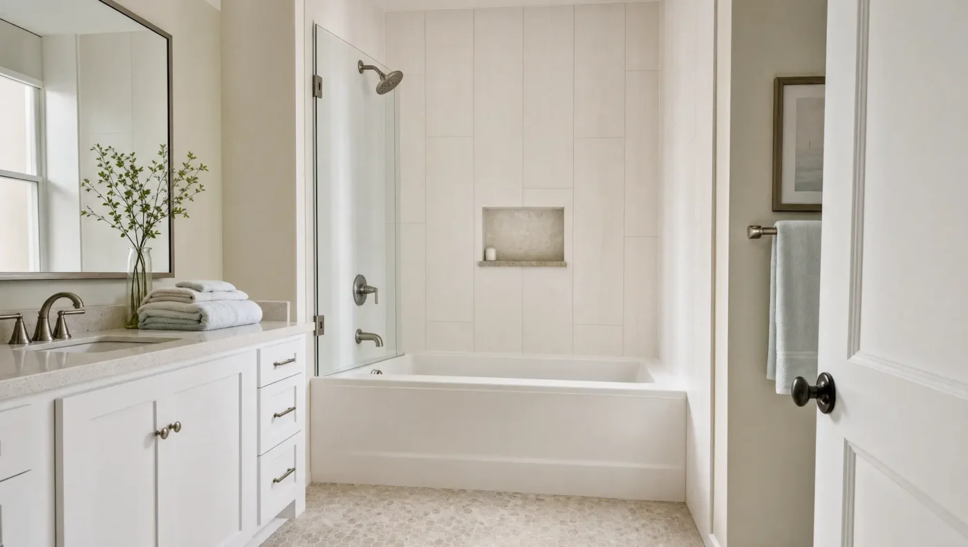 Alcove bathtub with a full tiled surround, a recessed niche, and a glass splash panel in a remodeled Tampa family bathroom by CMK Construction