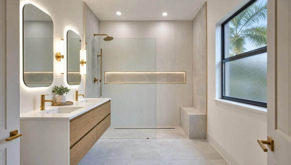 Remodeled primary bathroom in Riverview, Florida with a walk-in shower, floating oak vanity, and brushed gold fixtures