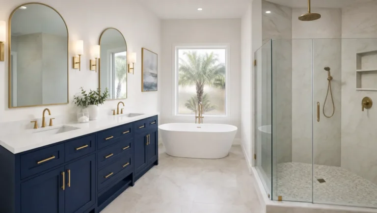 Custom primary bathroom remodel in Tampa with navy double vanity, brass fixtures, freestanding tub, and frameless glass shower