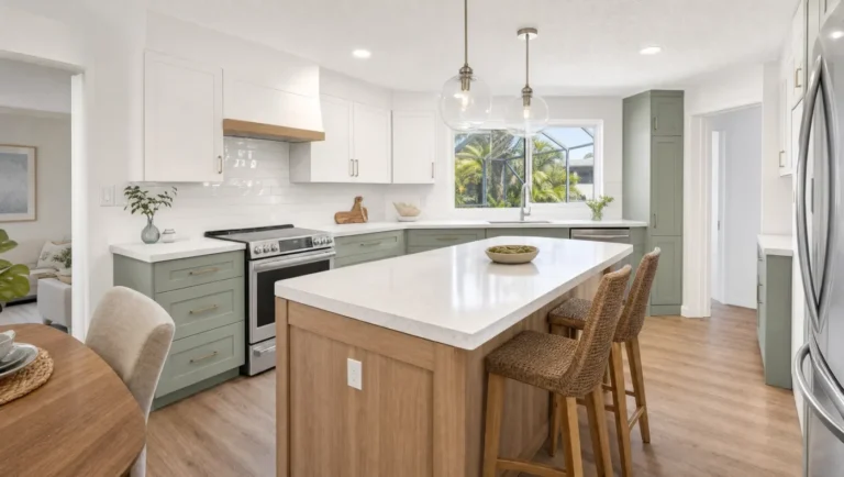Remodeled kitchen in a Clearwater, Florida home with sage green shaker cabinets, white oak island, and white quartz countertops