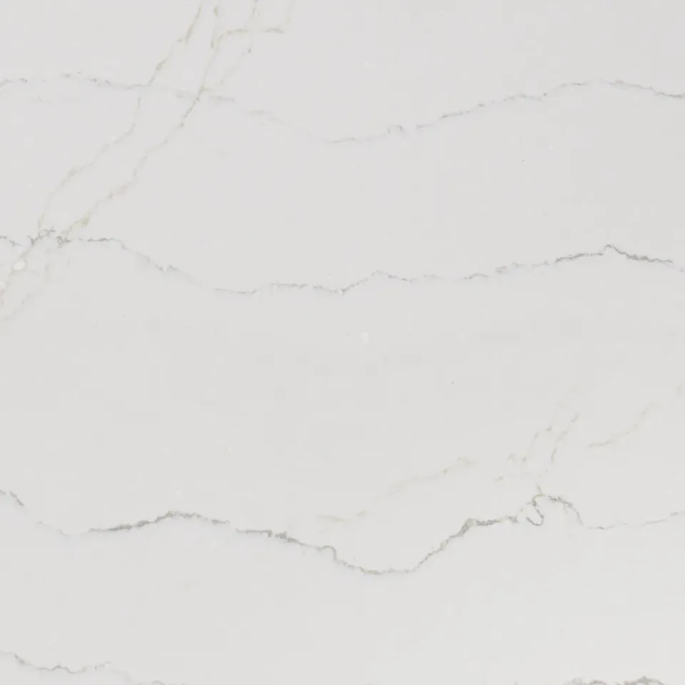Cambria Ella quartz slab with fine gray veining on bright white