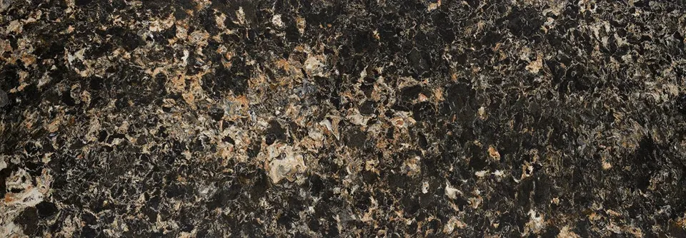 Cambria Hollinsbrook quartz in dark brown and black with gold and tan mottling