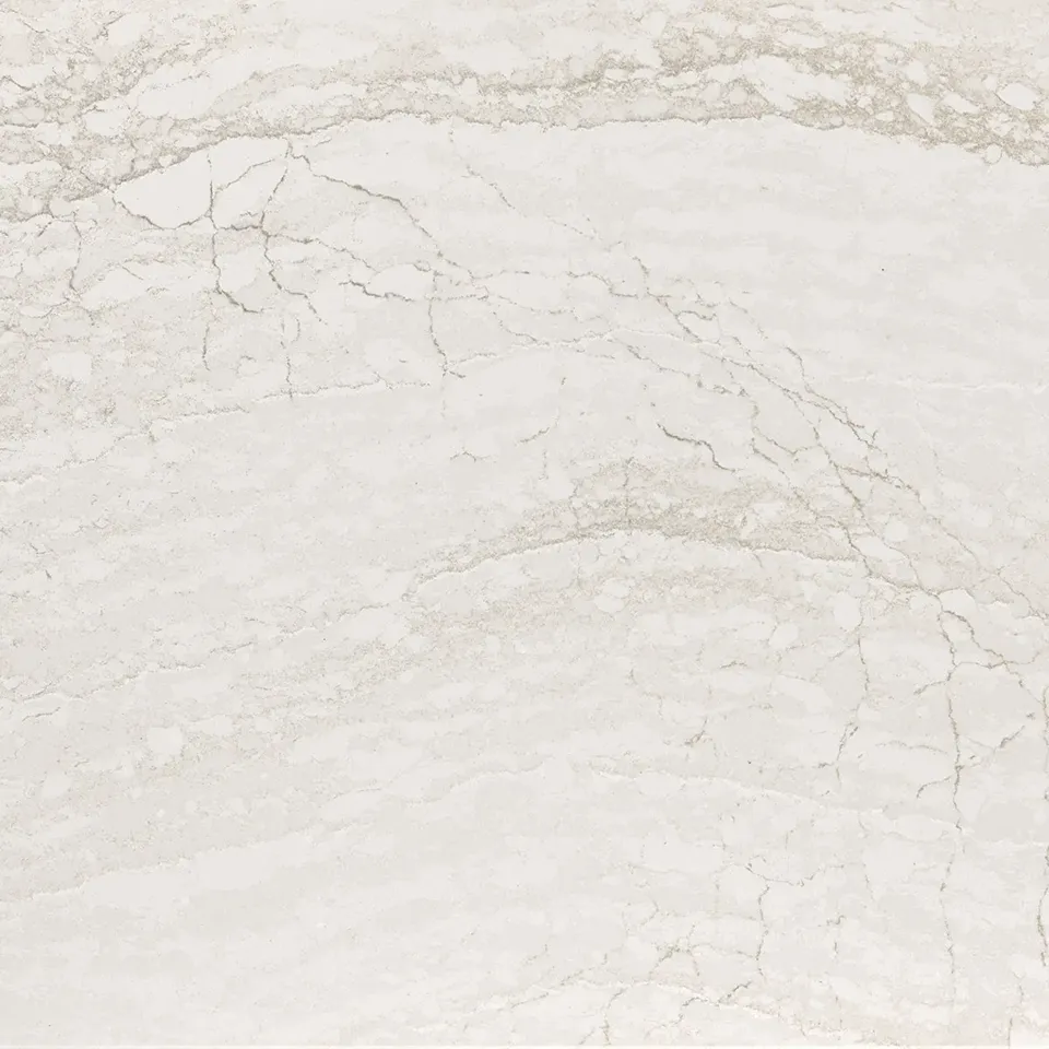 Cambria Ironsbridge quartz slab with delicate gray branching veins on white