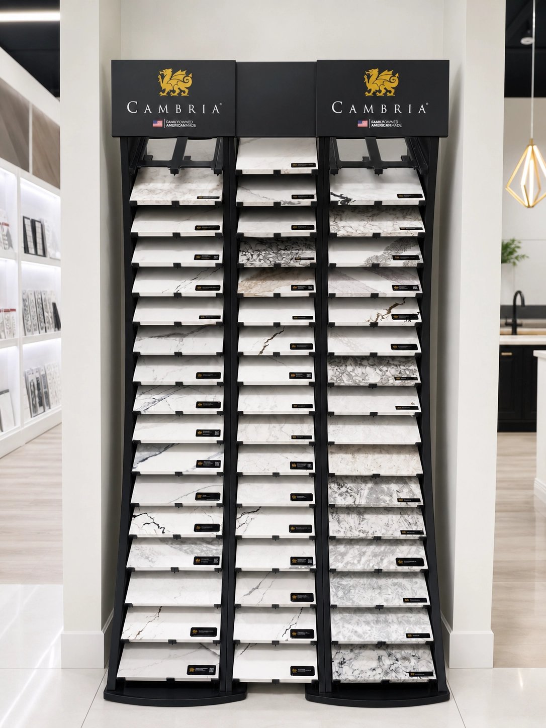 Cambria quartz countertop samples on display at the CMK Construction showroom in Tampa, Florida