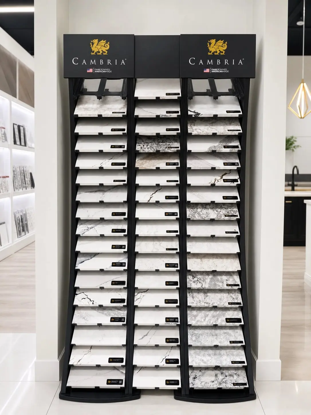 Cambria quartz countertop samples on display at the CMK Construction showroom in Tampa, Florida