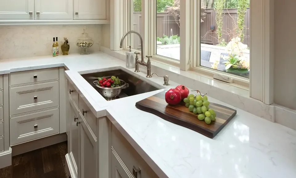 Cambria Torquay white quartz countertops with white shaker cabinets and a window over the sink in a Tampa kitchen