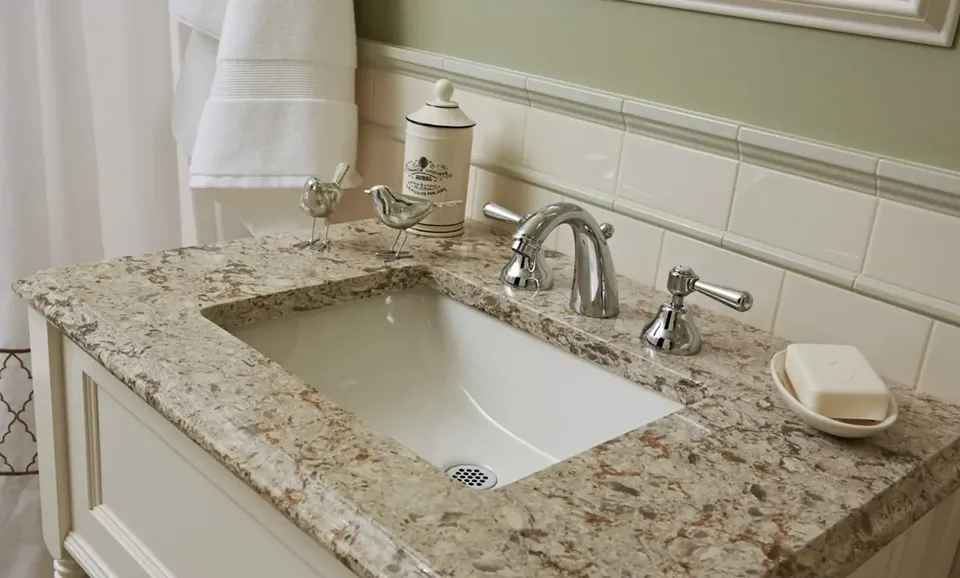 Cambria Windermere beige granular quartz vanity top with undermount sink in a Clearwater bathroom remodel