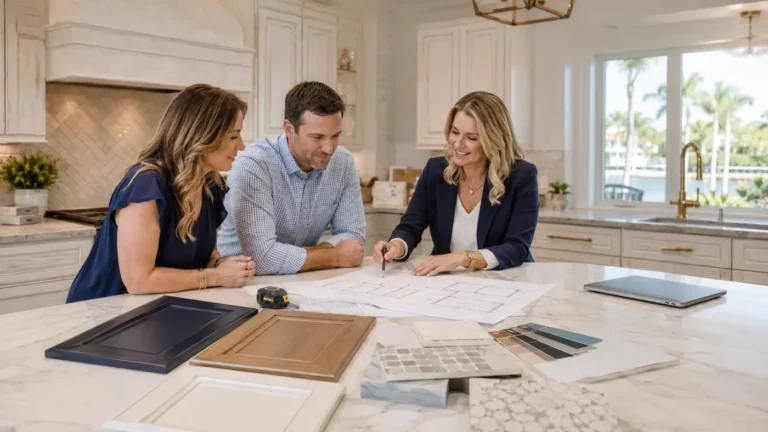 Three people around a kitchen countertop discussing new home plans.